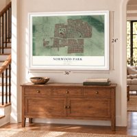Norwood Park, Illinois map, 24 x 36 inch print in a white frame above a dresser by a staircase