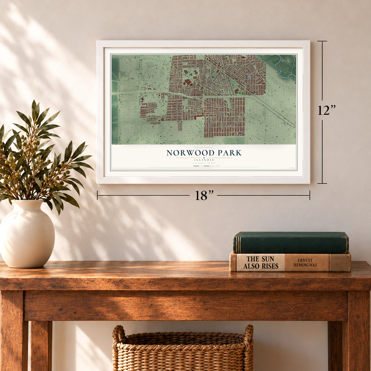 Norwood Park, Illinois map, 12 x 18 inch print in a white frame in an entryway