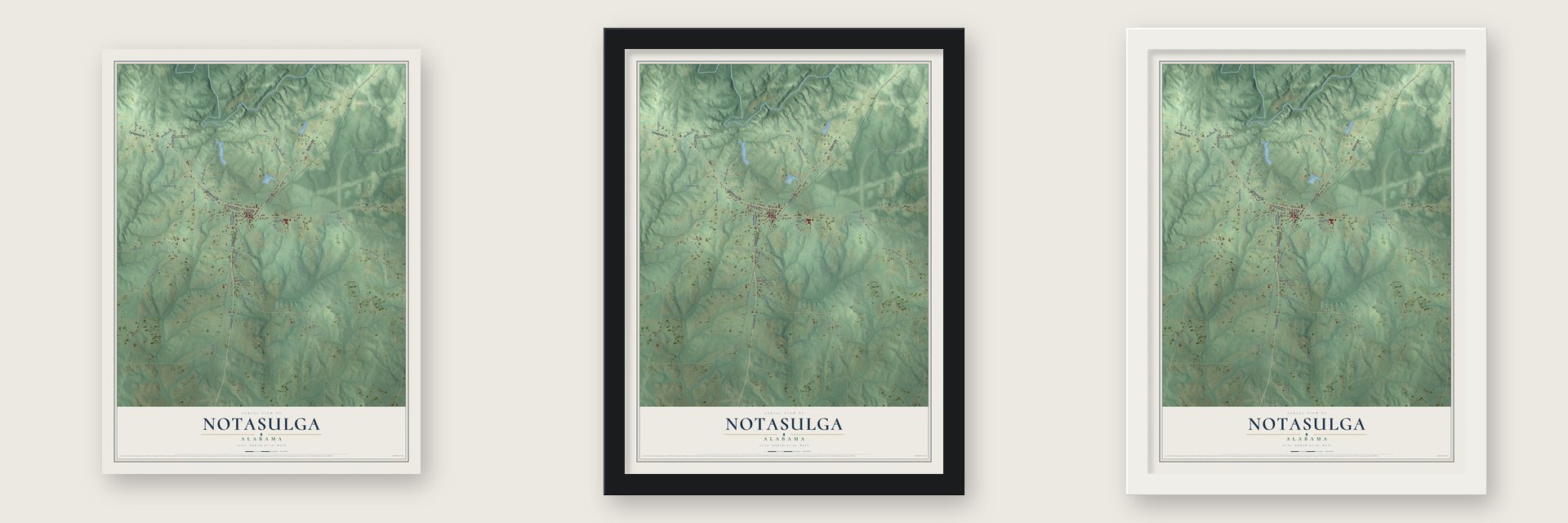 Notasulga, Alabama map unframed, in a black wood frame and in a white wood frame