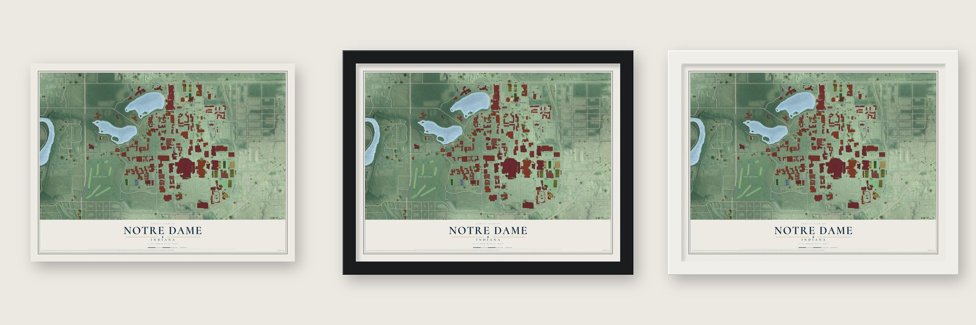 Notre Dame, Indiana map unframed, in a black wood frame and in a white wood frame