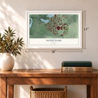 Notre Dame, Indiana map, 12 x 18 inch print in a white frame in an entryway