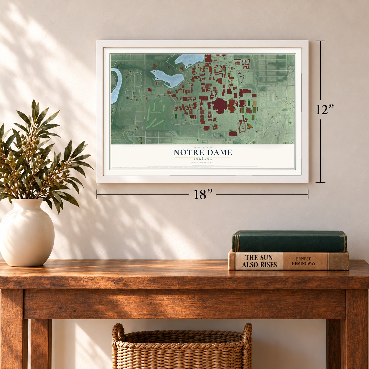 Notre Dame, Indiana map, 12 x 18 inch print in a white frame in an entryway