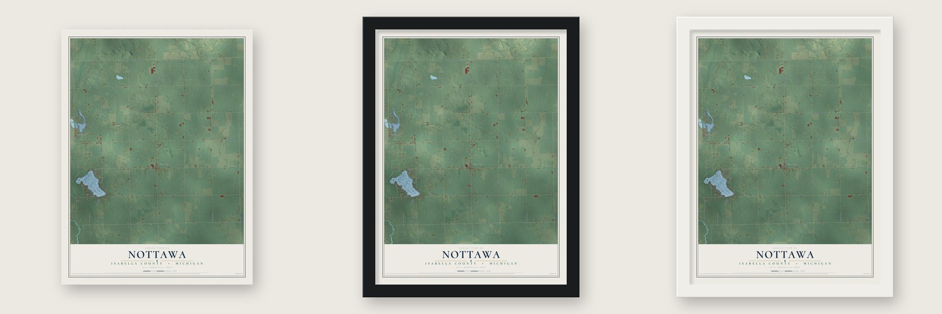 Nottawa, Isabella County, Michigan map unframed, in a black wood frame and in a white wood frame