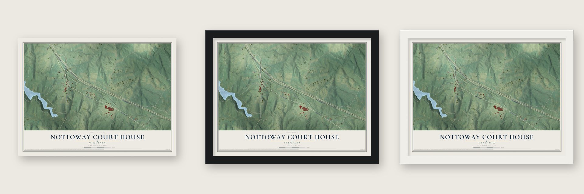 Nottoway Court House, Virginia map unframed, in a black wood frame and in a white wood frame