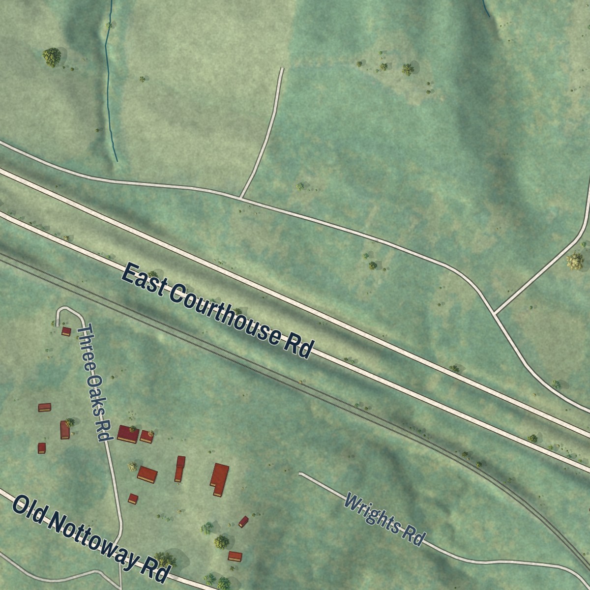 Second close-up of the map of Nottoway Court House, Virginia print showing more streets and buildings