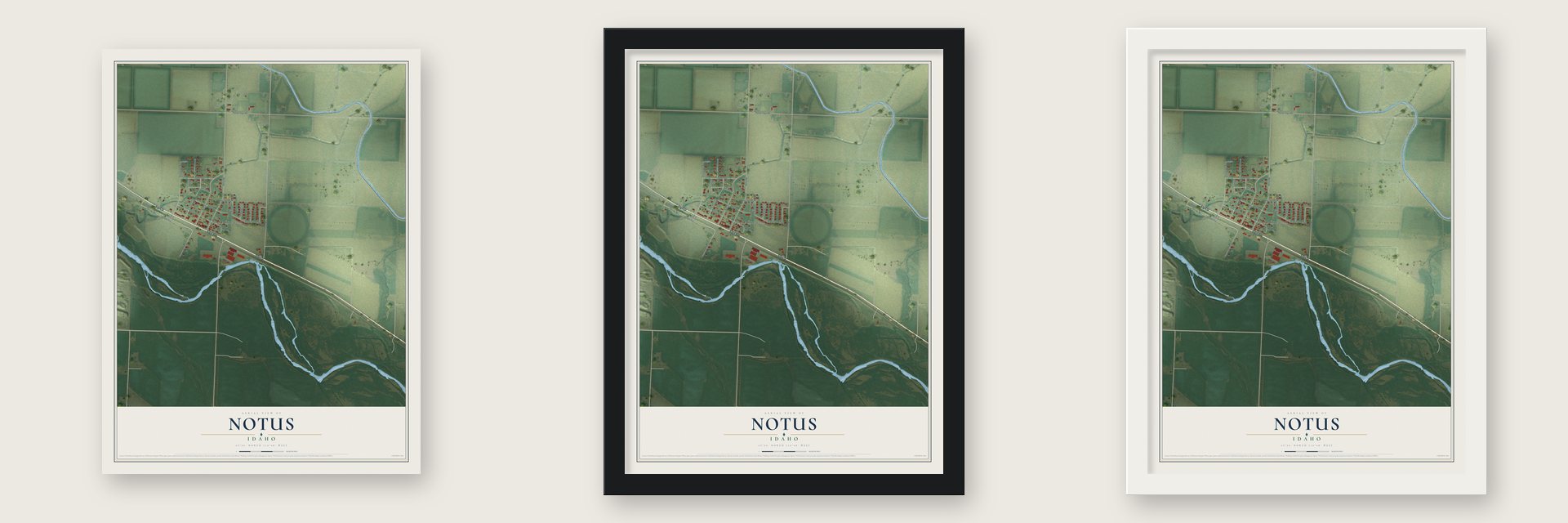 Notus, Idaho map unframed, in a black wood frame and in a white wood frame