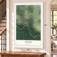 Notus, Idaho map, 24 x 36 inch print in a white frame by a staircase
