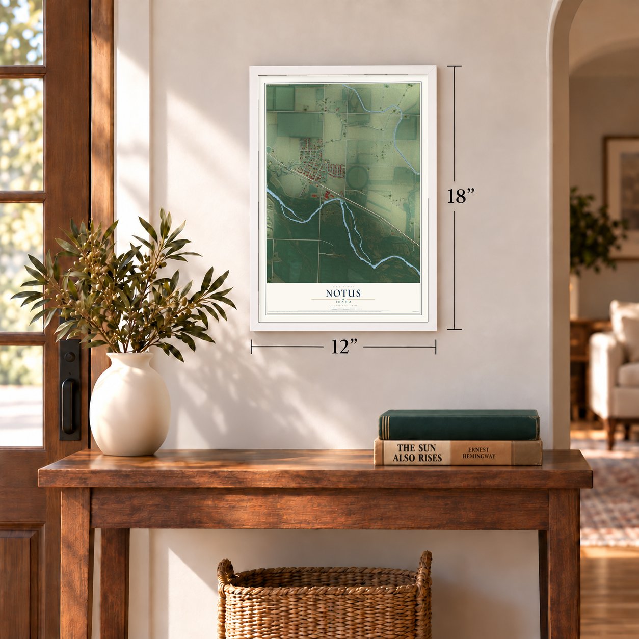 Notus, Idaho map, 12 x 18 inch print in a white frame in an entryway