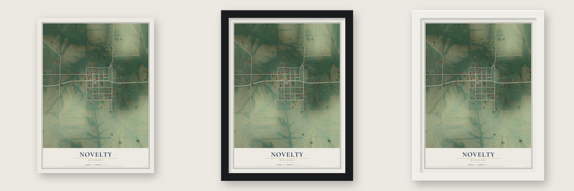 Novelty, Missouri map unframed, in a black wood frame and in a white wood frame