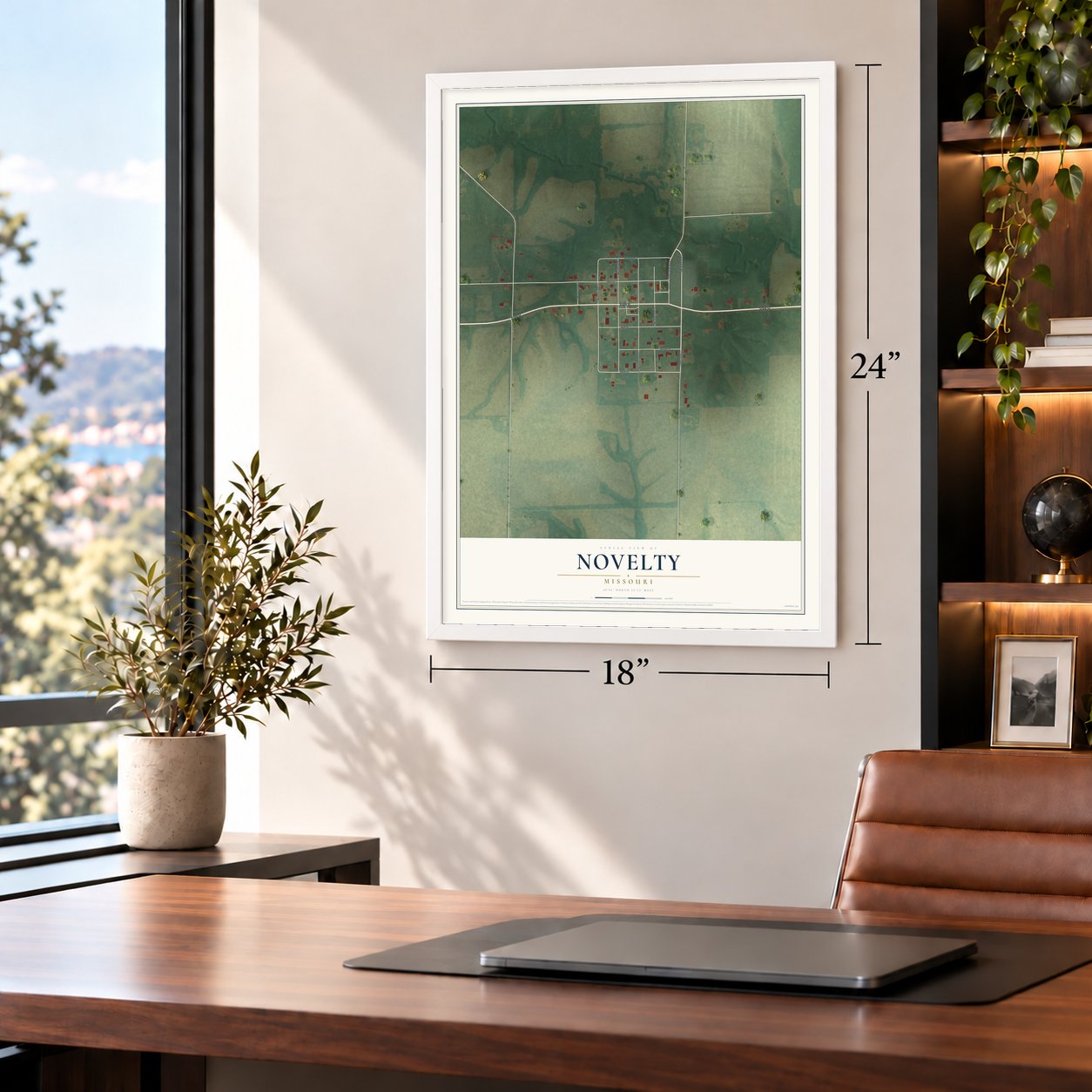Novelty, Missouri map, 18 x 24 inch print in a white frame in a home office