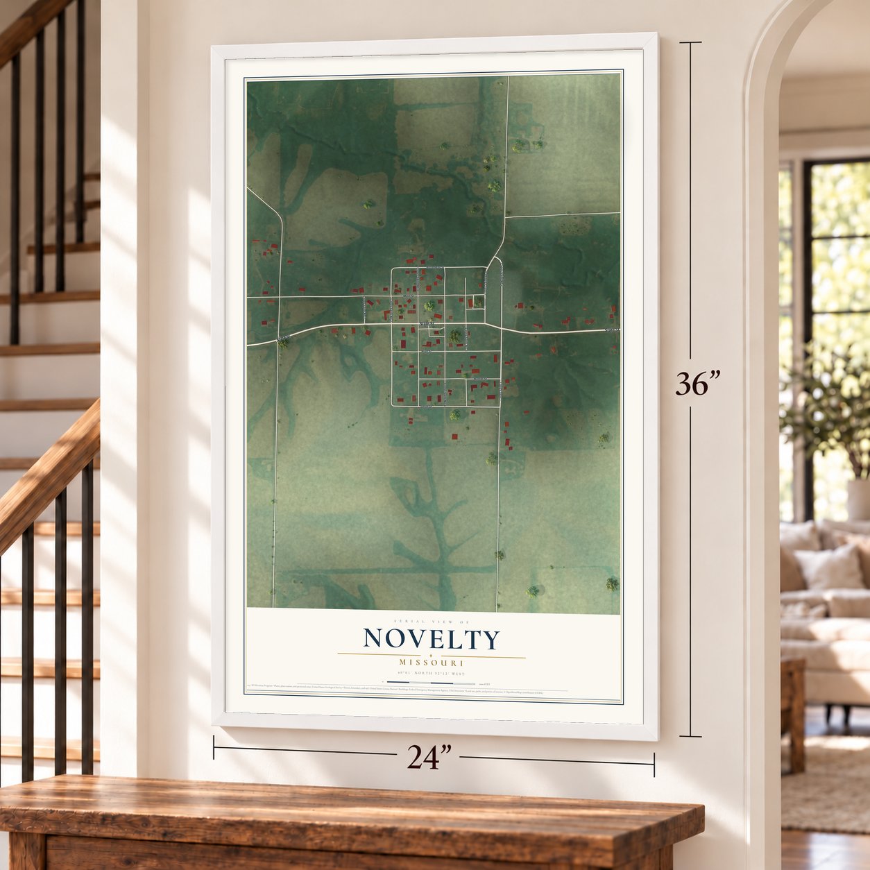 Novelty, Missouri map, 24 x 36 inch print in a white frame by a staircase
