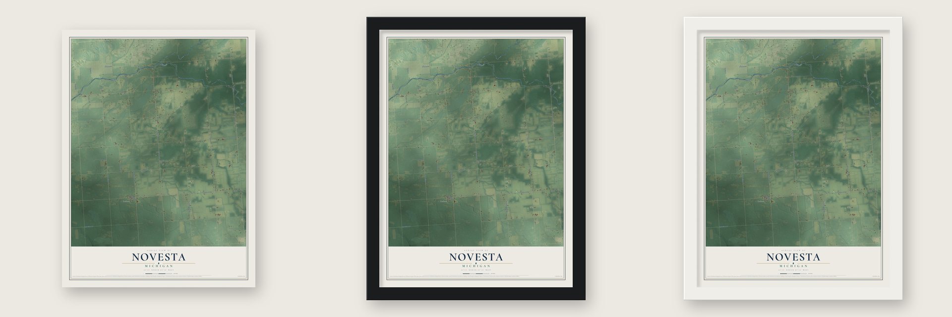 Novesta, Michigan map unframed, in a black wood frame and in a white wood frame
