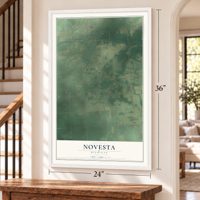Novesta, Michigan map, 24 x 36 inch print in a white frame by a staircase