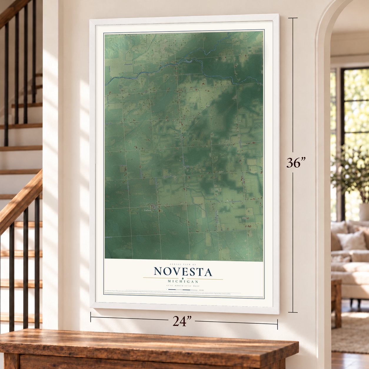 Novesta, Michigan map, 24 x 36 inch print in a white frame by a staircase
