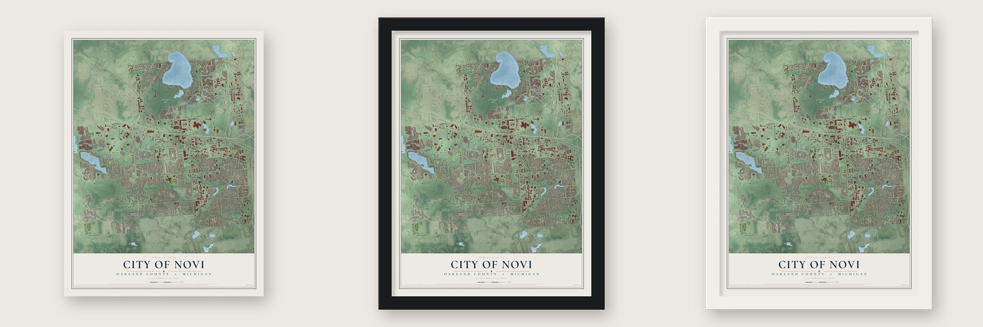 Novi, Michigan map unframed, in a black wood frame and in a white wood frame