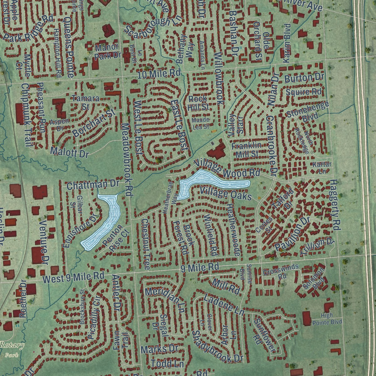 Second close-up of the map of Novi, Michigan print showing more streets and buildings