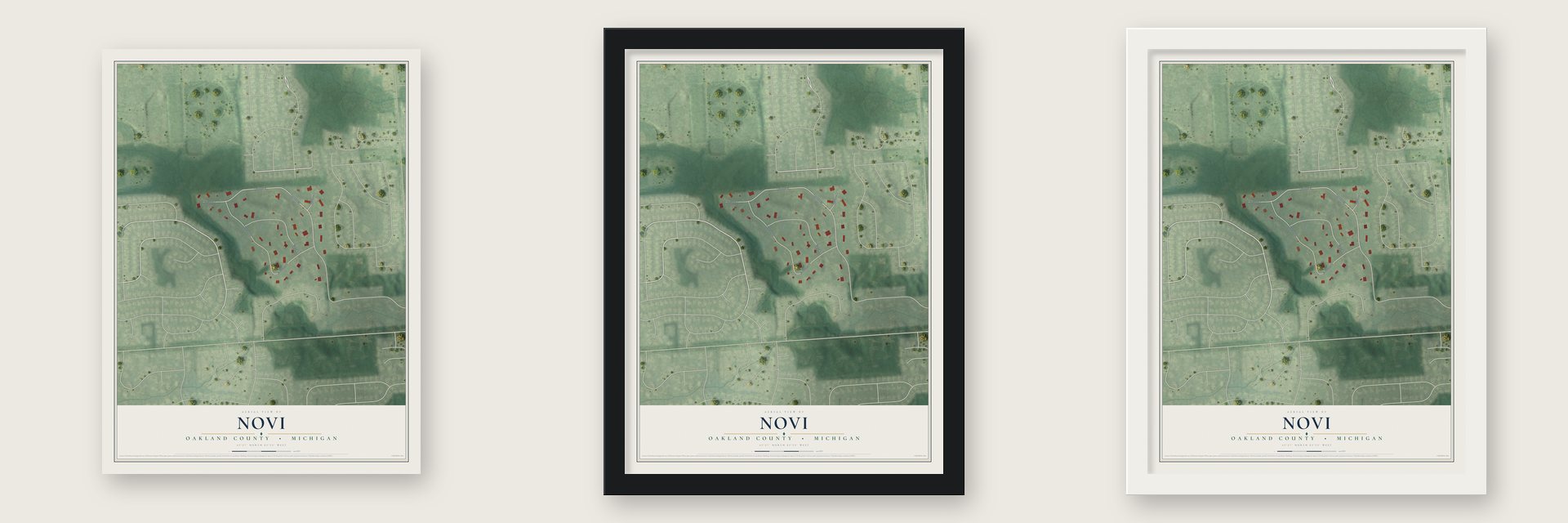 Novi, Oakland County, Michigan map unframed, in a black wood frame and in a white wood frame