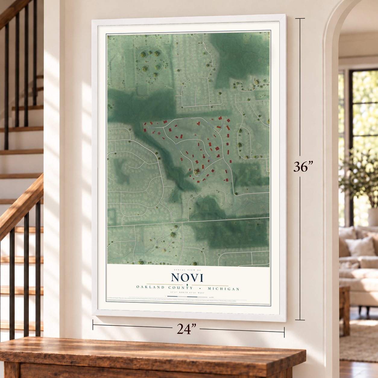 Novi, Oakland County, Michigan map, 24 x 36 inch print in a white frame by a staircase
