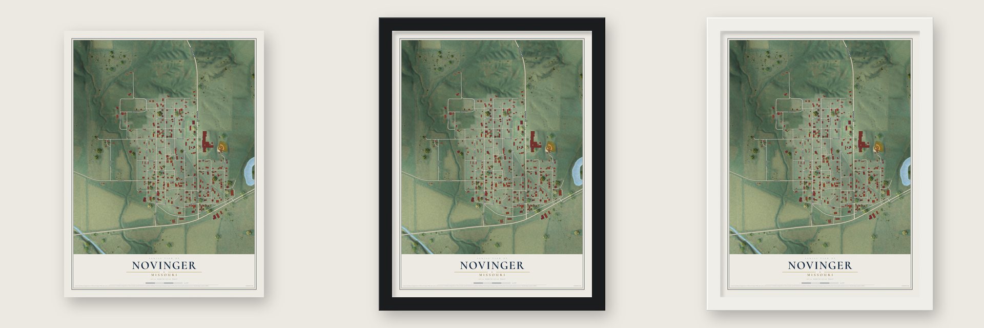 Novinger, Missouri map unframed, in a black wood frame and in a white wood frame