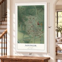 Novinger, Missouri map, 24 x 36 inch print in a white frame by a staircase