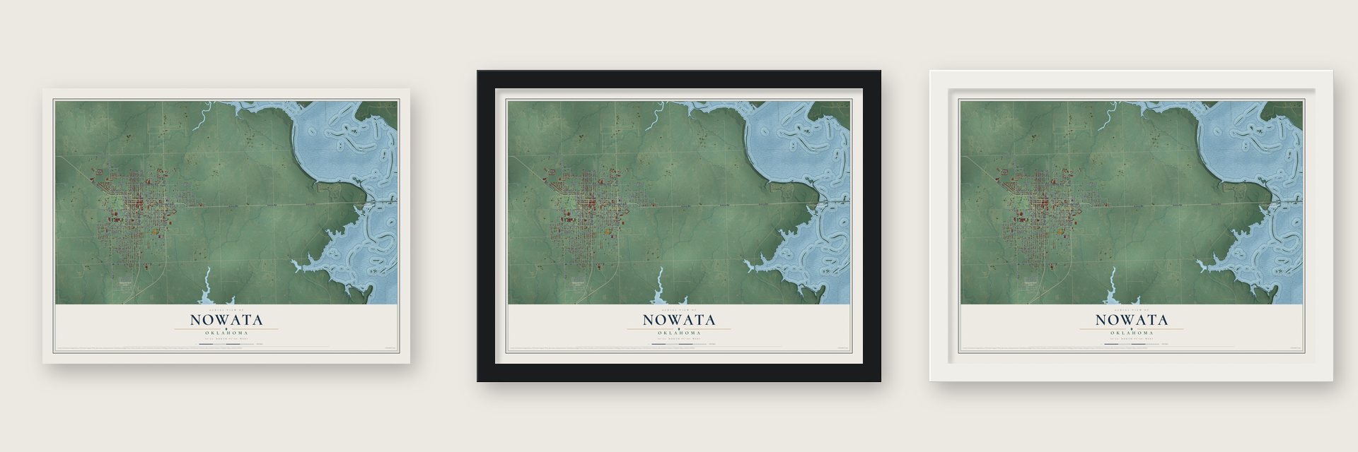 Nowata, Oklahoma map unframed, in a black wood frame and in a white wood frame