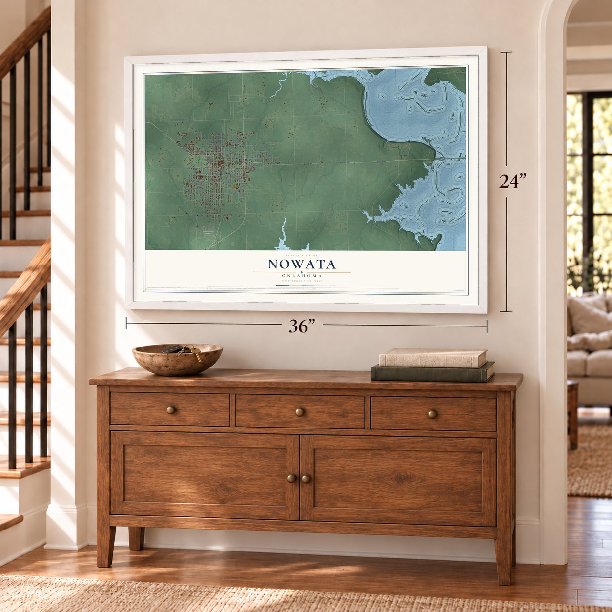 Nowata, Oklahoma map, 24 x 36 inch print in a white frame above a dresser by a staircase