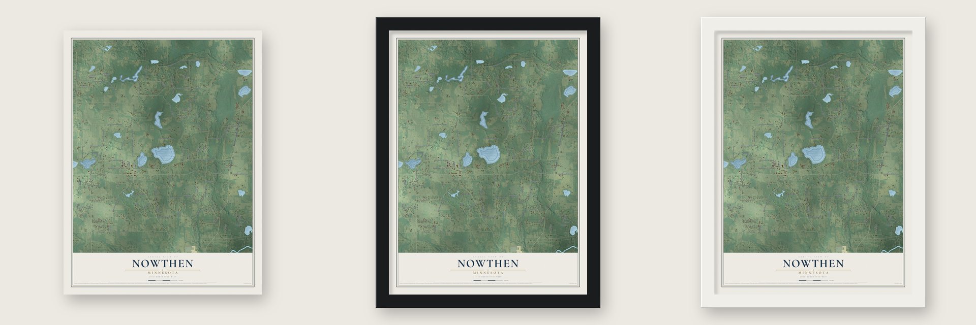 Nowthen, Minnesota map unframed, in a black wood frame and in a white wood frame