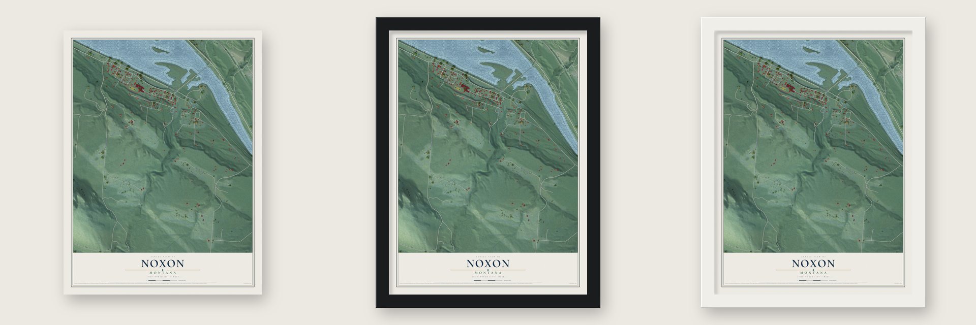 Noxon, Montana map unframed, in a black wood frame and in a white wood frame