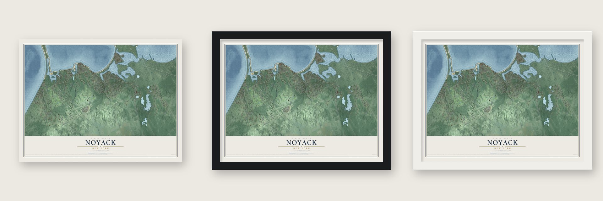 Noyack, New York map unframed, in a black wood frame and in a white wood frame