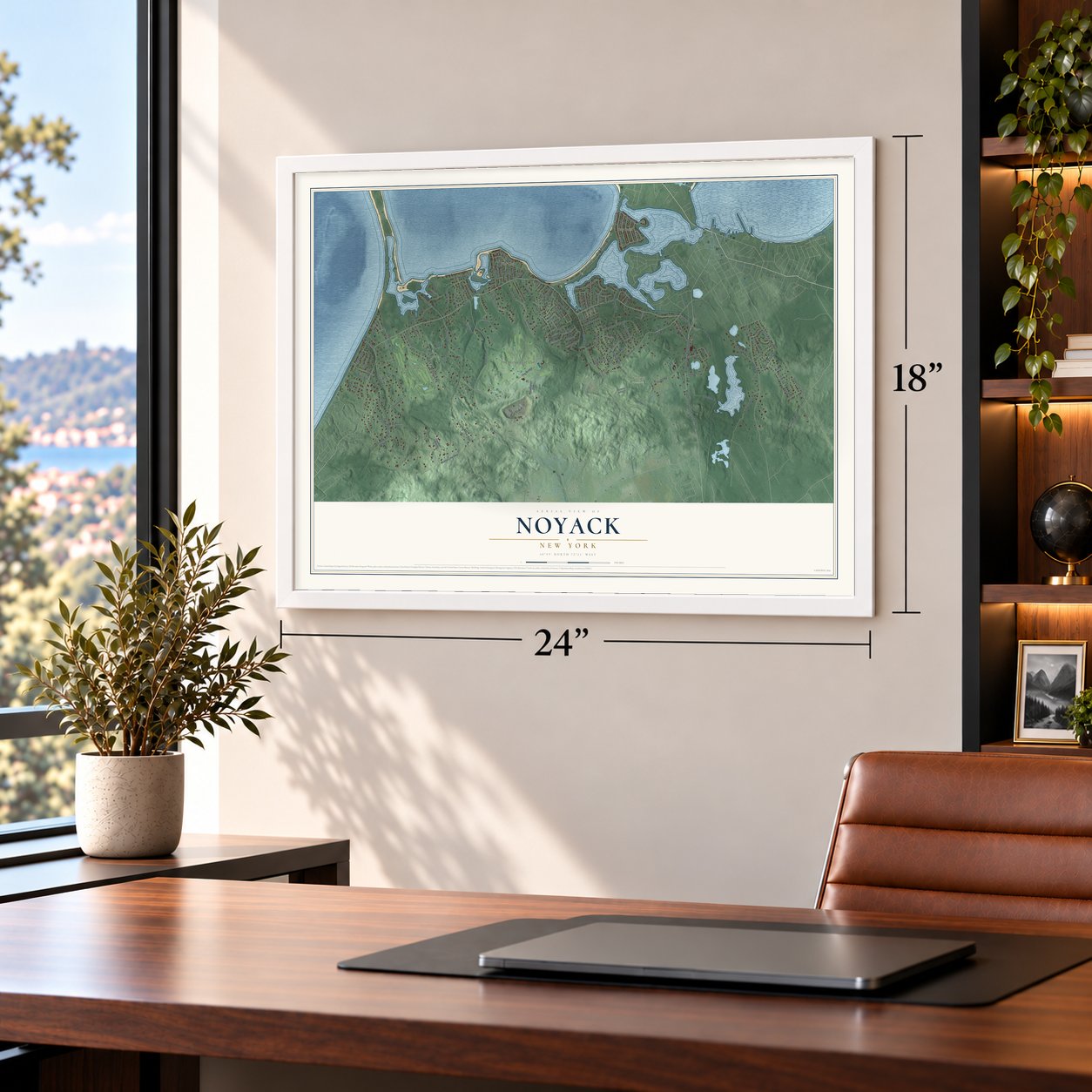 Noyack, New York map, 18 x 24 inch print in a white frame in a home office