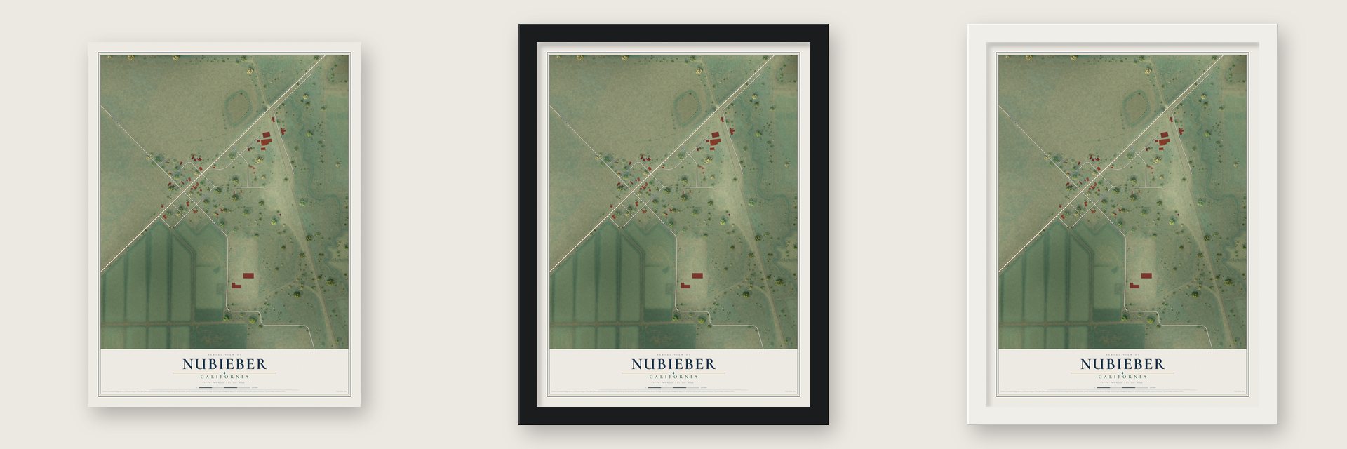 Nubieber, California map unframed, in a black wood frame and in a white wood frame