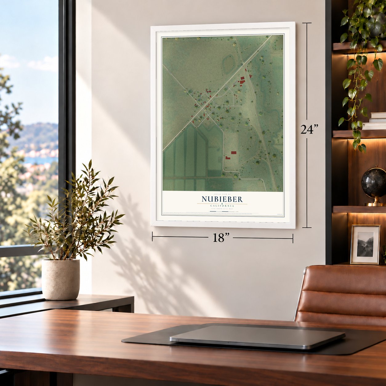 Nubieber, California map, 18 x 24 inch print in a white frame in a home office