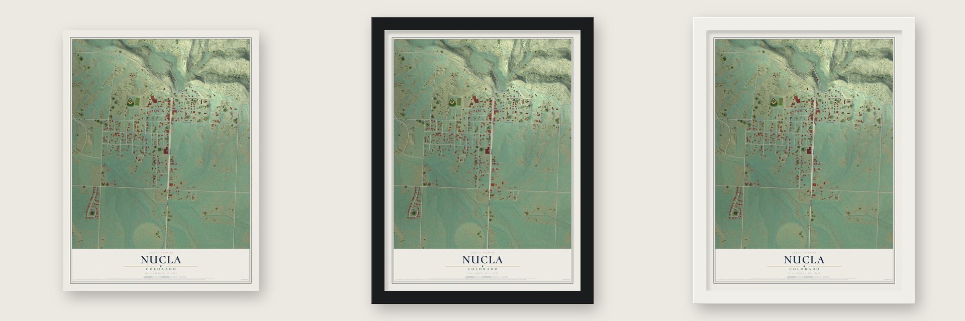 Nucla, Colorado map unframed, in a black wood frame and in a white wood frame