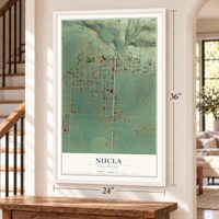 Nucla, Colorado map, 24 x 36 inch print in a white frame by a staircase