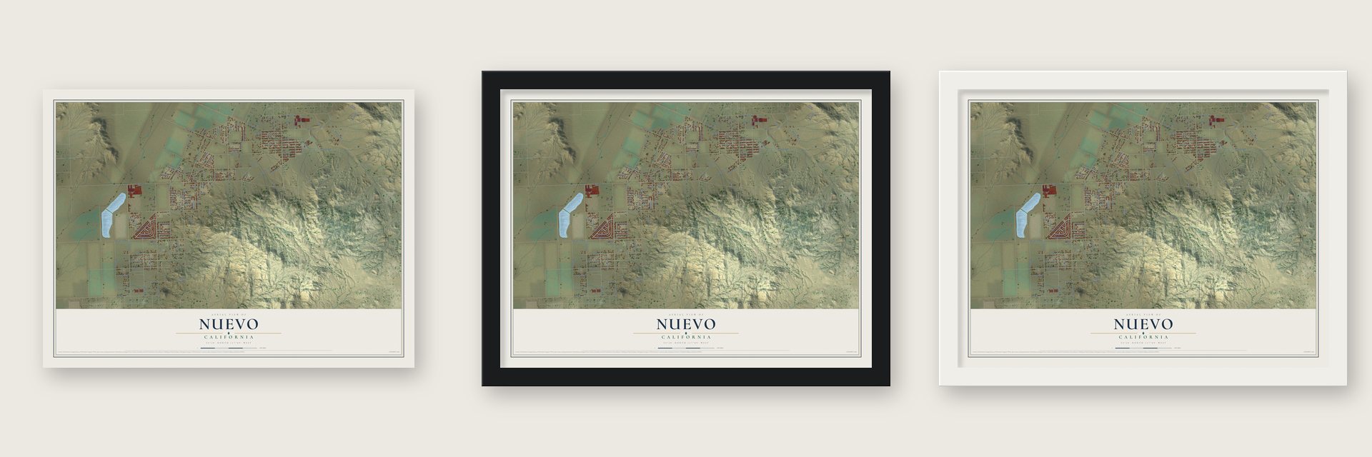 Nuevo, California map unframed, in a black wood frame and in a white wood frame