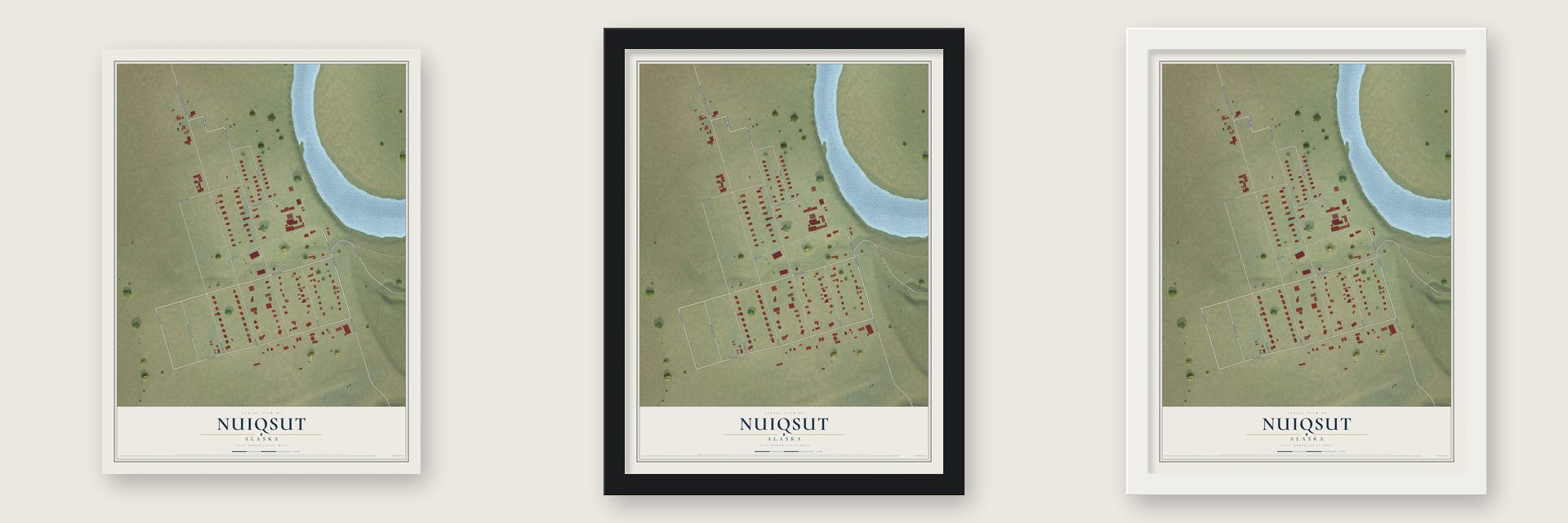 Nuiqsut, Alaska map unframed, in a black wood frame and in a white wood frame