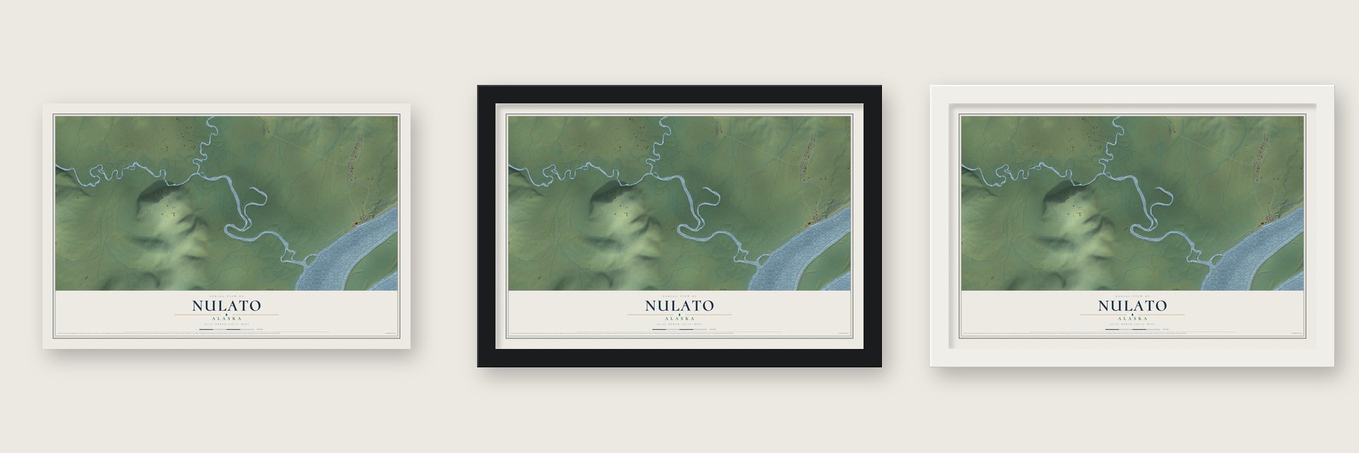 Nulato, Alaska map unframed, in a black wood frame and in a white wood frame