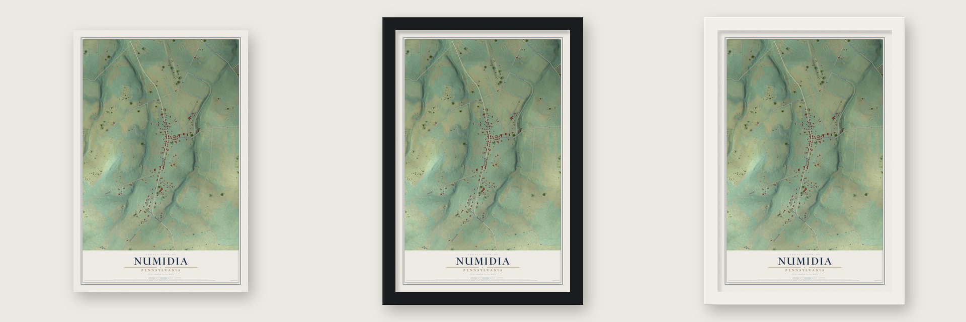 Numidia, Pennsylvania map unframed, in a black wood frame and in a white wood frame