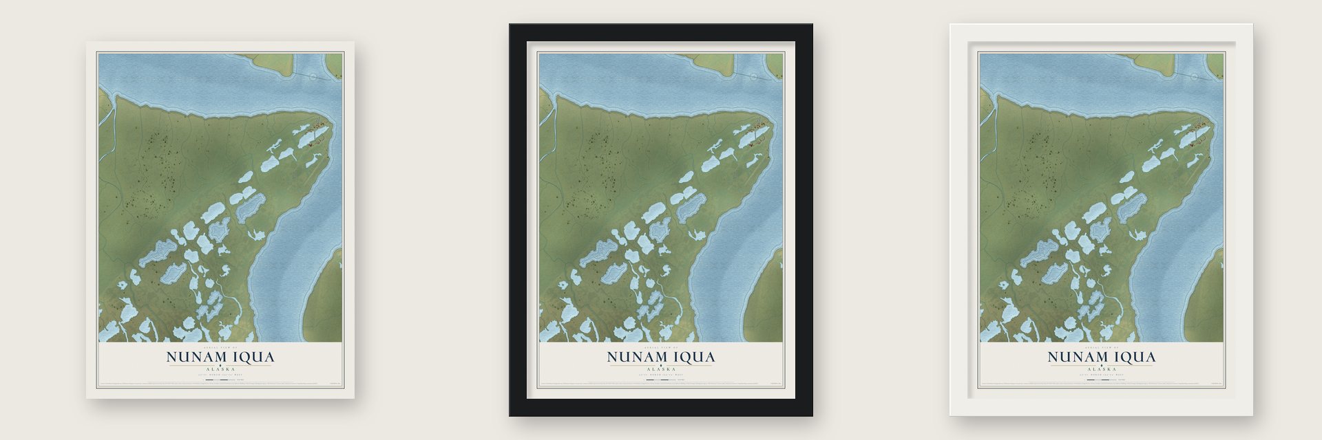 Nunam Iqua, Alaska map unframed, in a black wood frame and in a white wood frame