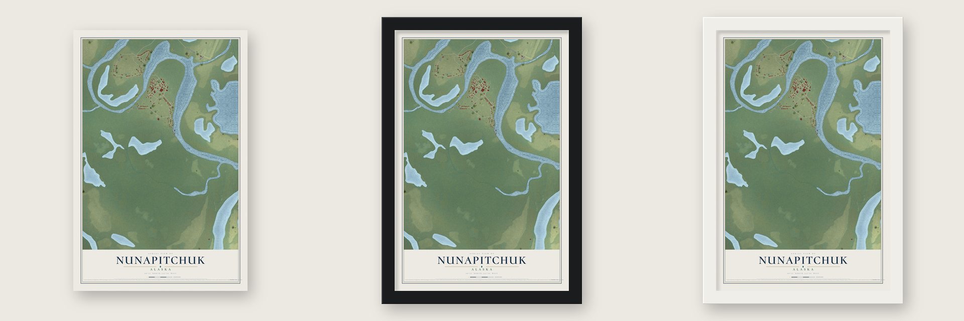 Nunapitchuk, Alaska map unframed, in a black wood frame and in a white wood frame