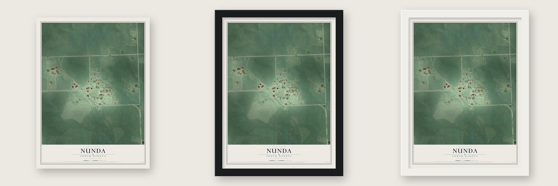 Nunda, South Dakota map unframed, in a black wood frame and in a white wood frame