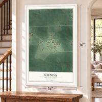 Nunda, South Dakota map, 24 x 36 inch print in a white frame by a staircase