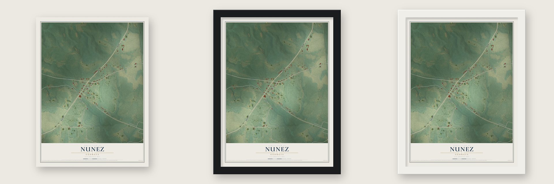 Nunez, Georgia map unframed, in a black wood frame and in a white wood frame
