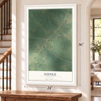 Nunez, Georgia map, 24 x 36 inch print in a white frame by a staircase