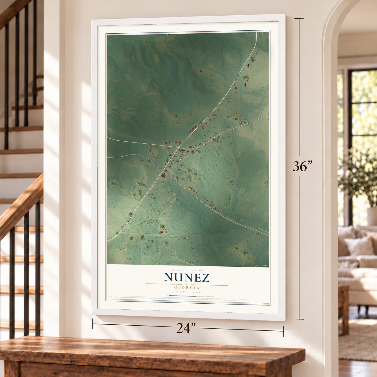 Nunez, Georgia map, 24 x 36 inch print in a white frame by a staircase