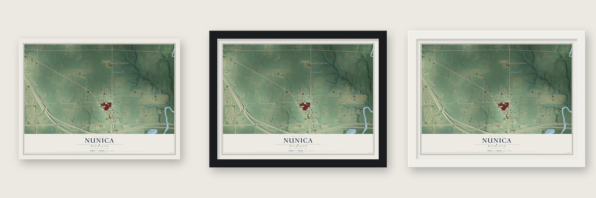 Nunica, Michigan map unframed, in a black wood frame and in a white wood frame