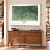 Nunica, Michigan map, 24 x 36 inch print in a white frame above a dresser by a staircase