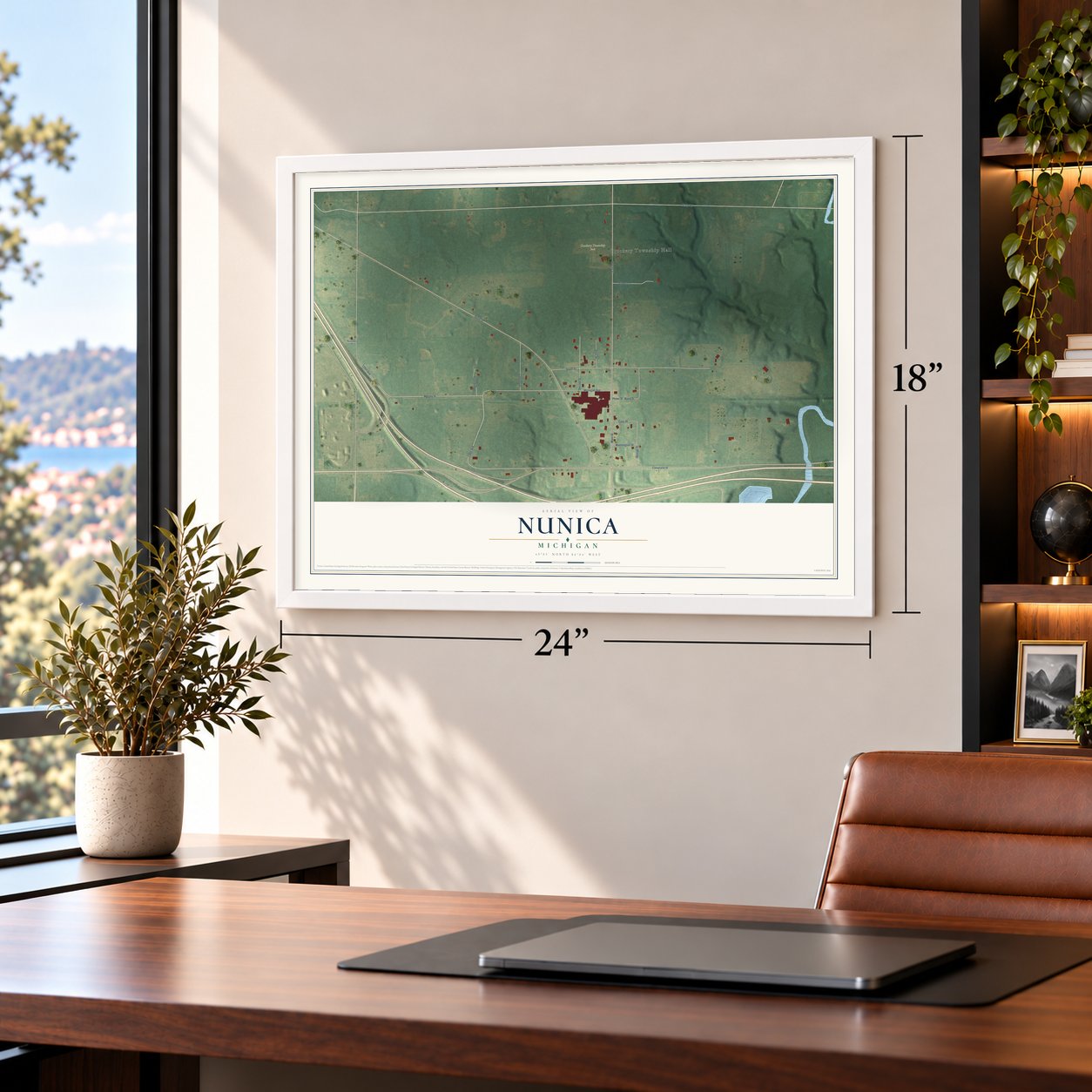Nunica, Michigan map, 18 x 24 inch print in a white frame in a home office