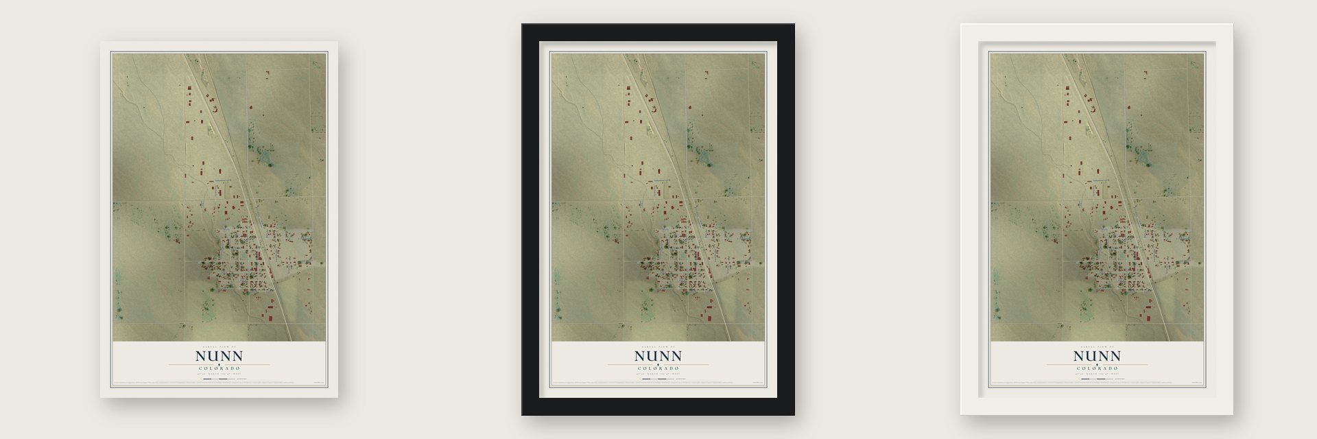 Nunn, Colorado map unframed, in a black wood frame and in a white wood frame