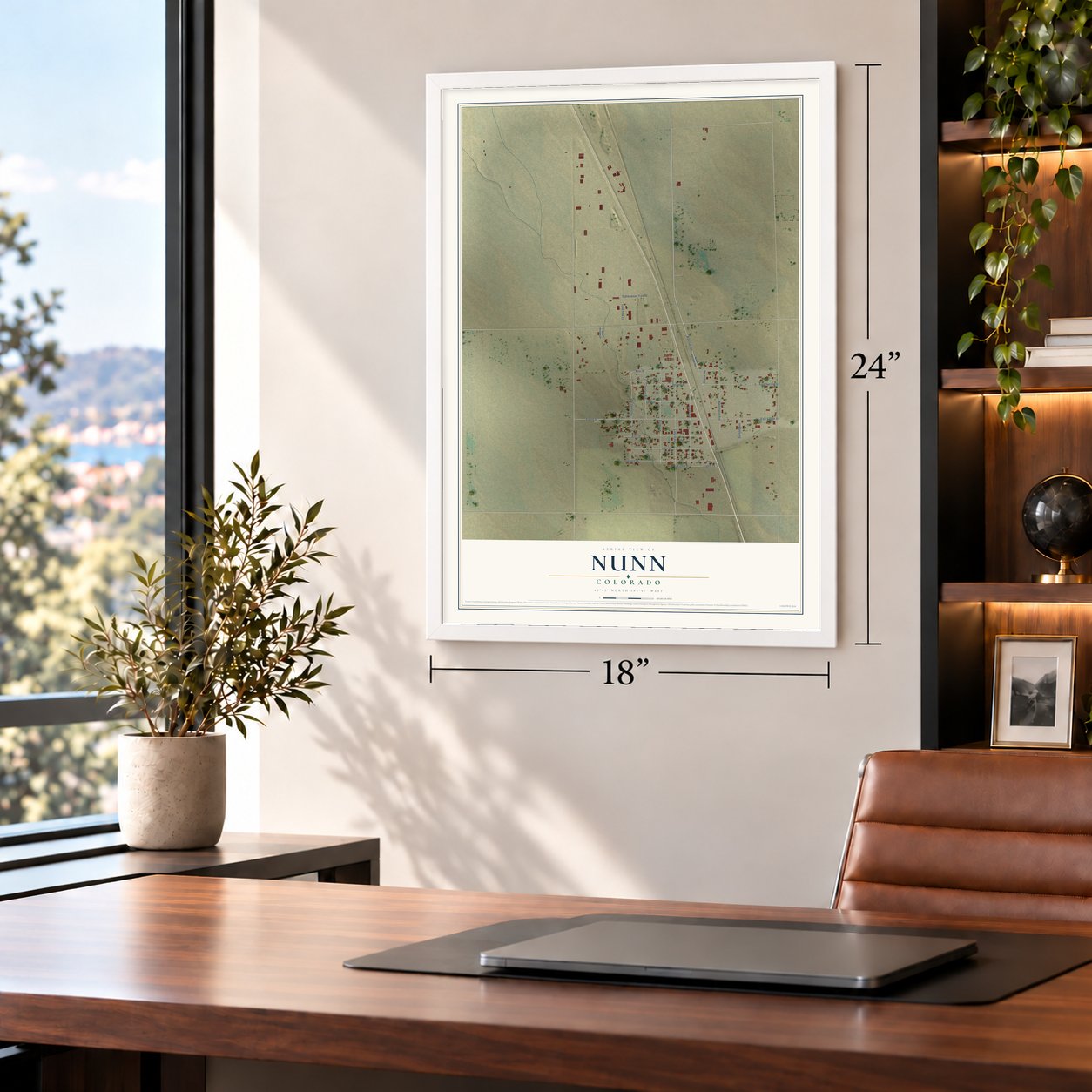 Nunn, Colorado map, 18 x 24 inch print in a white frame in a home office